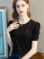 Wholesale Solid Pleated Puff Sleeve T-Shirt