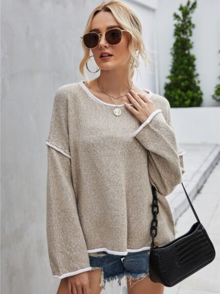 Solid Stitching Round Neck Sweater