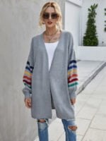 Solid Striped Sleeve Open Front Cardigan