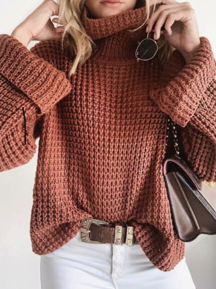 Solid Turtleneck Cable Knit Sweater