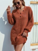 Solid V-Neck Button Sweater Dress