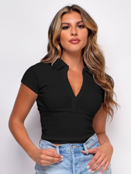 Wholesale Solid V-Neck Skinny Cropped T-Shirt