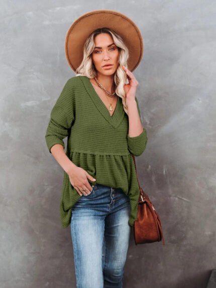 Solid Waffle V-neck Blouse