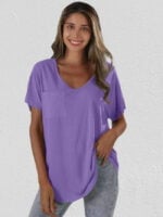 Solid color V-neck pocket loose T-shirt