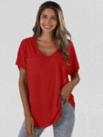 Solid color V-neck pocket loose T-shirt