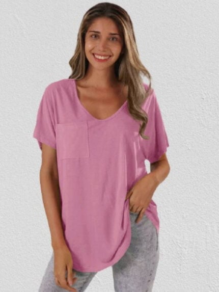 Solid color V-neck pocket loose T-shirt