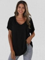 Solid color V-neck pocket loose T-shirt