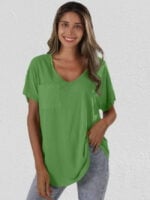 Solid color V-neck pocket loose T-shirt