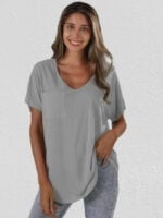 Solid color V-neck pocket loose T-shirt