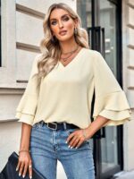 Wholesale Solid Color V-Neck Ruffle Sleeve Top