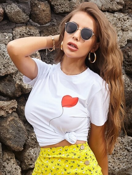 Solid color love print T-shirt