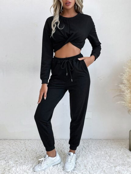 Solid color short sweatshirt two-piece