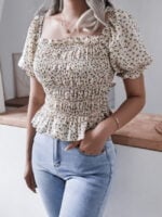 Wholesale Square Neck Lantern Sleeve Floral Top