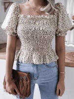 Wholesale Square Neck Lantern Sleeve Floral Top