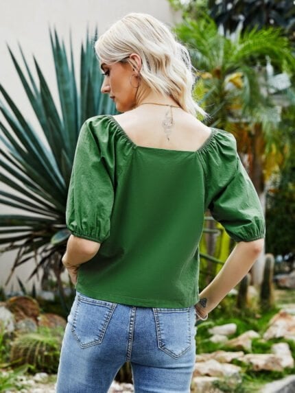 Wholesale Square Neck Puff Sleeve Cropped Top