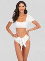 Square Neck Puff Sleeve Lace-Up Swimsuit