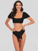 Square Neck Puff Sleeve Lace-Up Swimsuit