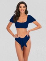 Square Neck Puff Sleeve Lace-Up Swimsuit