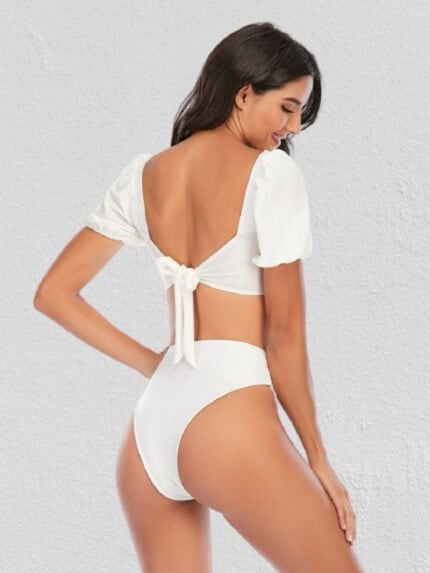 Square Neck Puff Sleeve Lace-Up Swimsuit