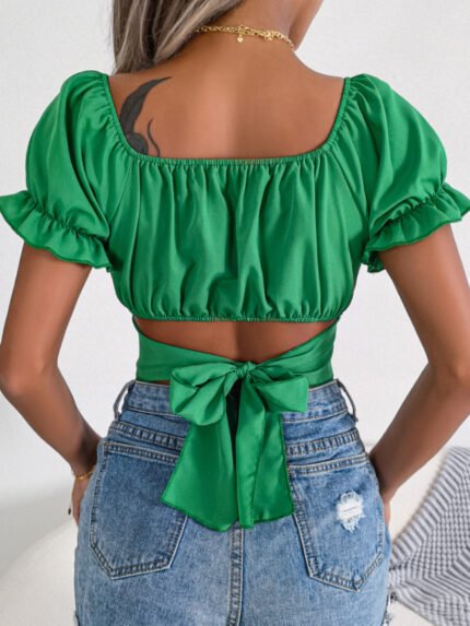 Square Neck Ruffle Sleeve Cropped Top