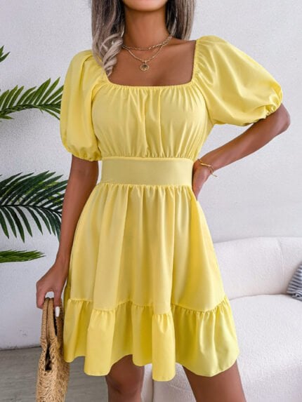 Square Neck Tie Bow Ruffle Dress