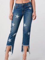 Star print irregular frayed jeans