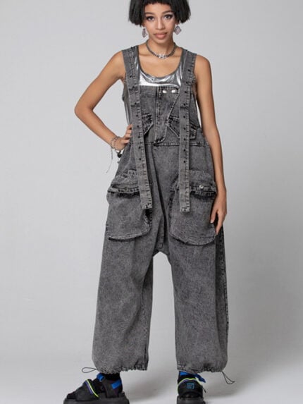 Street Loose Denim Cargo Jumpsuit