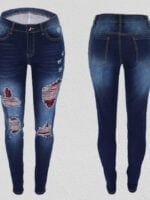 Wholesale Street plaid patch panel ripped jeans