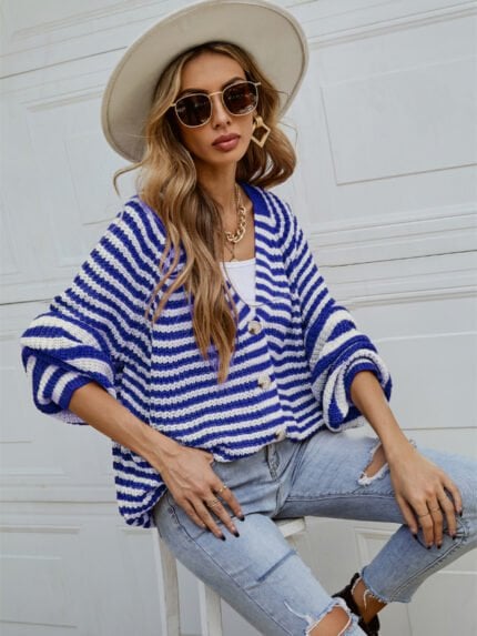 Wholesale Striped Button V-neck Cardigan Sweater