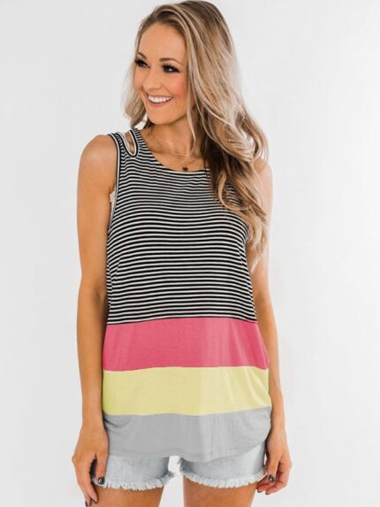 Striped Contrast Ripped Shoulder Tank Top