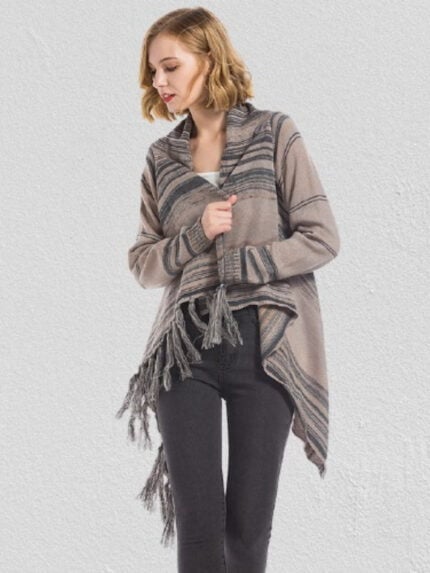 Striped Fringe Trim Poncho Cardigan