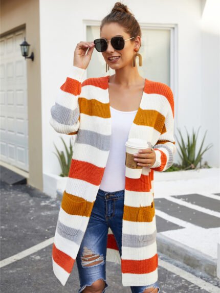 Striped Open Front Knitted Cardigan