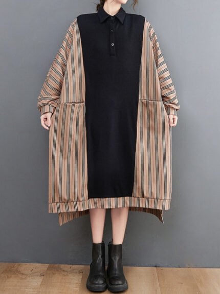 Striped Panel Lapel Loose Dress