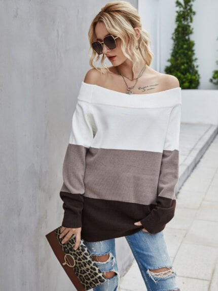 Striped Pattern Off-shoulder Sweater