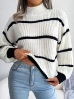 Wholesale Striped Puff Sleeve Turtleneck Sweater