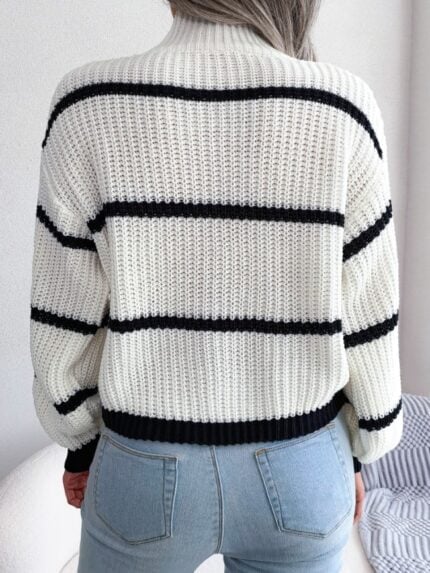 Wholesale Striped Puff Sleeve Turtleneck Sweater