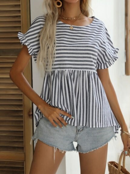 Striped Short Sleeve Crew Neck Top