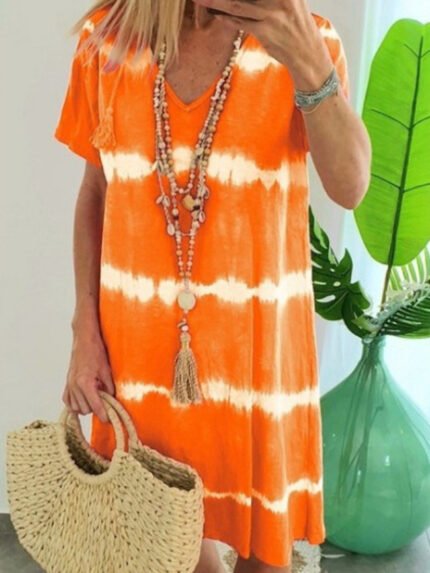 Striped Tie-Dye V-Neck Casual Dress