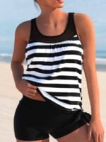 Striped mesh panels tankini swimsuit set