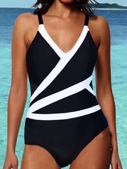 Striped panelled open-back swimsuit