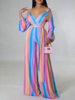 Striped v-neck long-sleeve jumpsuit