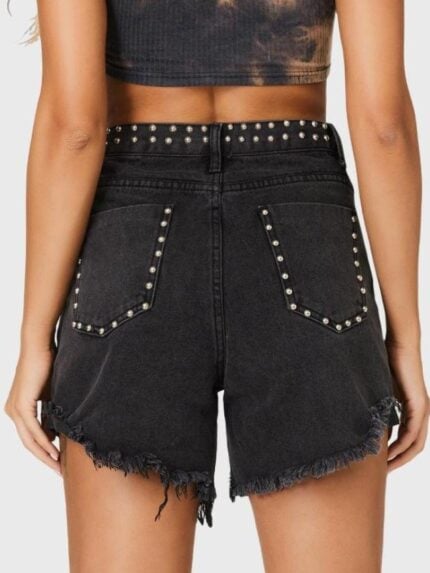 Stud panel ripped denim shorts