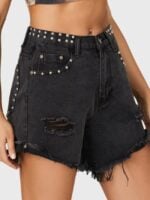 Stud panel ripped denim shorts