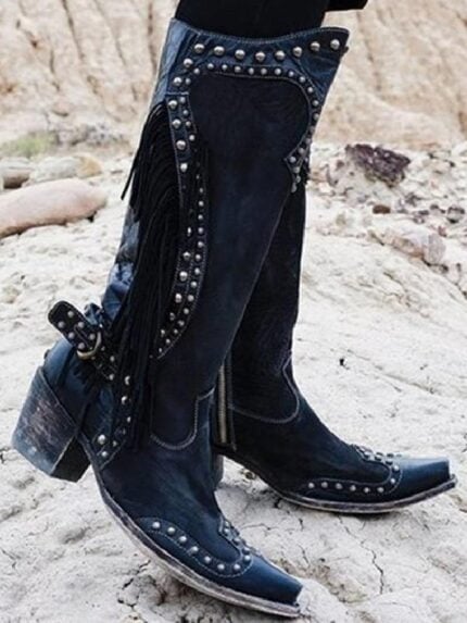 Studded tassel panel high boots