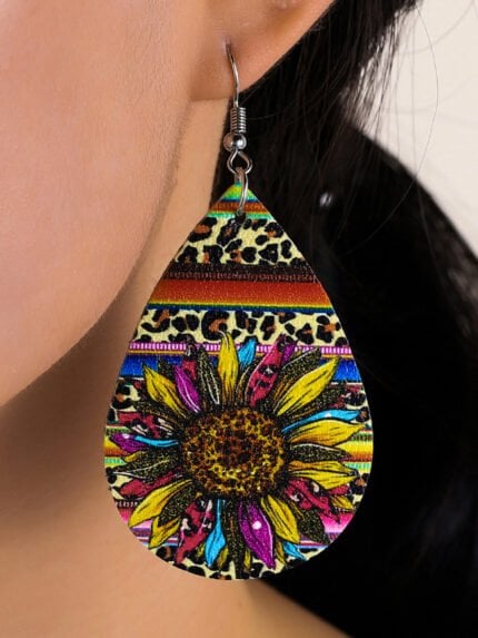 Sunflower-paneled printed leather earrings