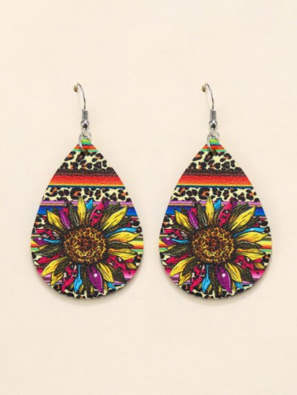 Sunflower-paneled printed leather earrings