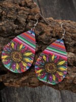 Sunflower-paneled printed leather earrings