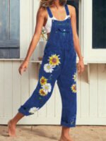 Wholesale Sunflower print denim jumpsuit