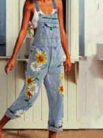 Wholesale Sunflower print denim jumpsuit