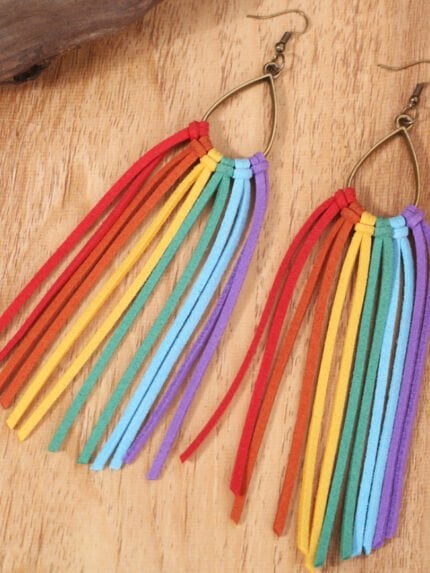 1pair Color Long Tassel Strip Drop Earrings